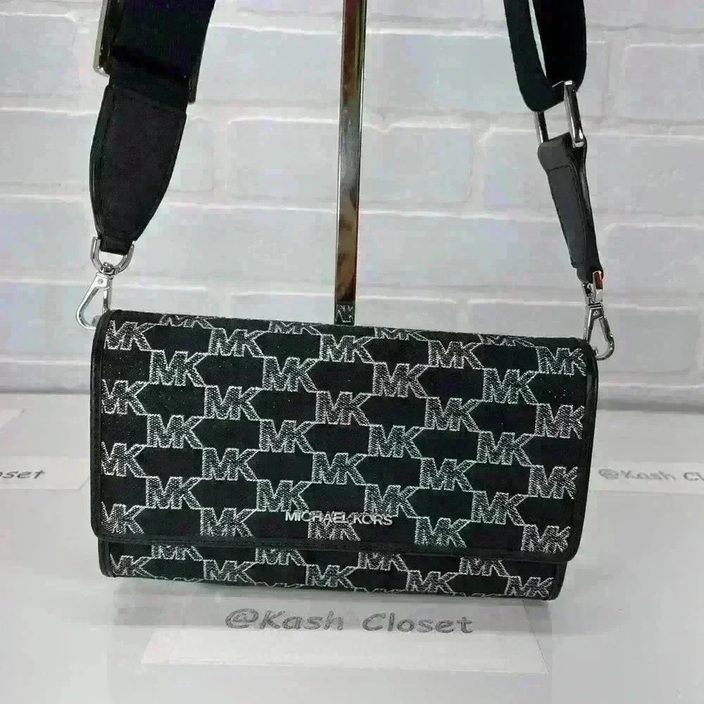 Michael Kors Wallet Crossbody Jet Set Metallic Large Clutch Purse Black Multi